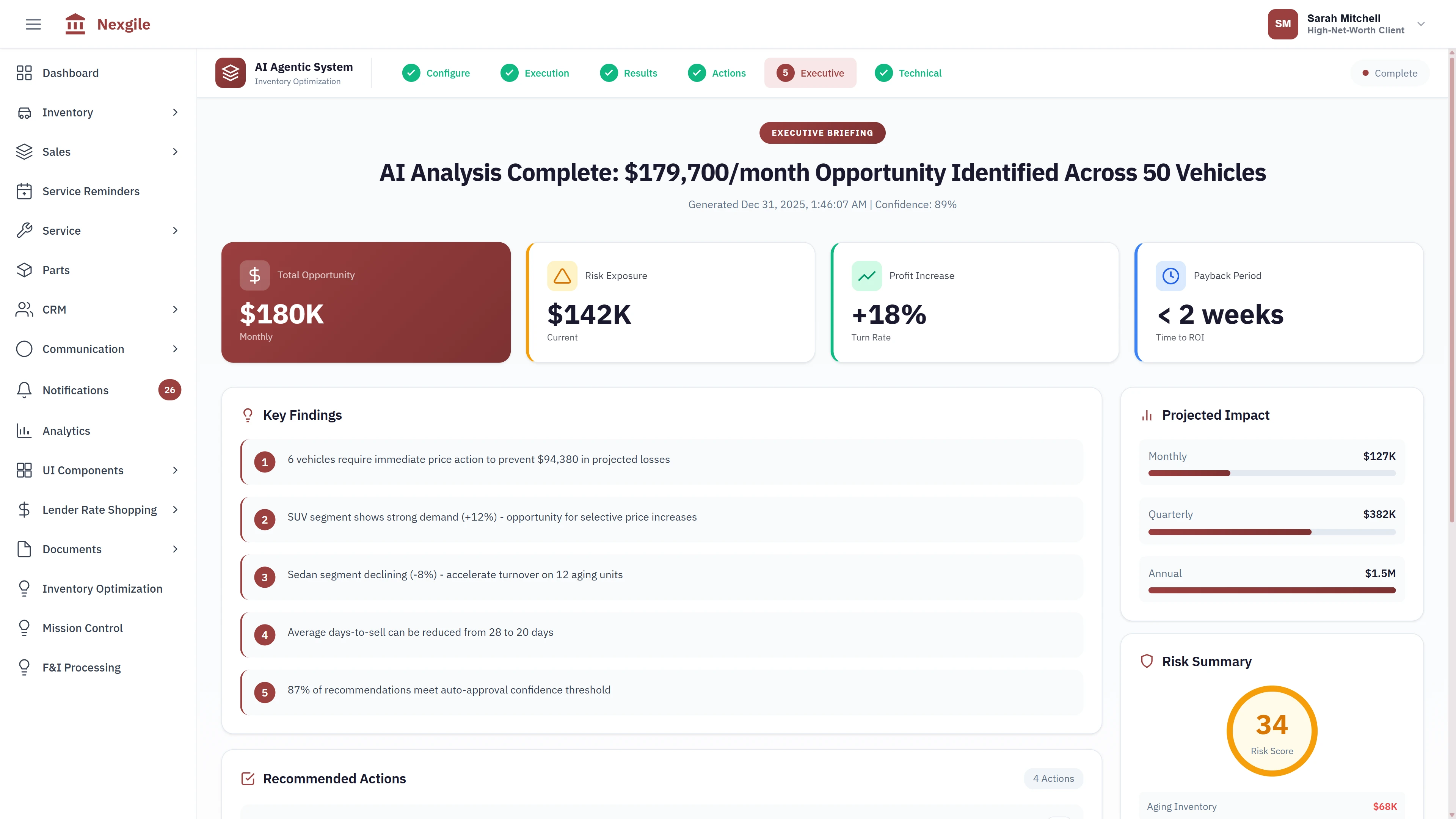 Executive Briefing - Total opportunity value of $179,700/month across 50 vehicles with key findings, projected impact, and risk summary
